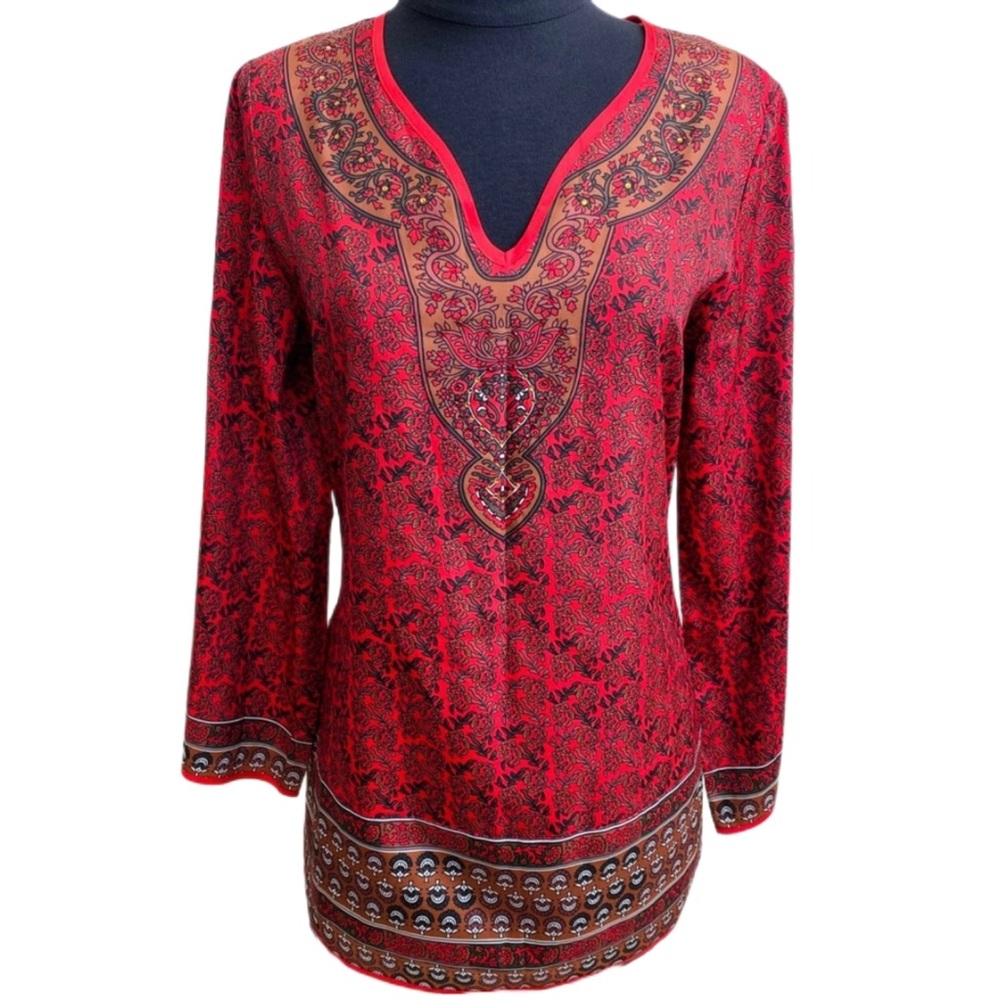 LAST CHANCE SALE! DG2 Diane Gilman Red Embellished Bohemian Floral Tunic Top